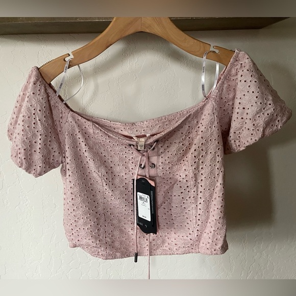 Guess| Beatrix Square Neck Eyelet Crop Top w Puff Sleeve & Tie Detail•••Size M - Picture 6 of 16